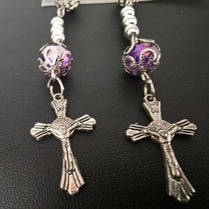 Elegant Silver and Purple Cross Earrings